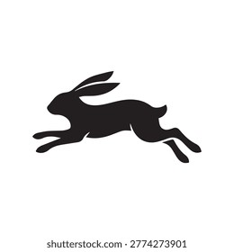 Dynamic black silhouette of a rabbit leaping across a white background