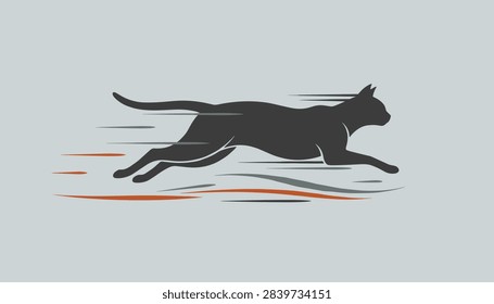 Dynamic black silhouette of a running cat with horizontal speed lines in dark gray and terracotta tones.