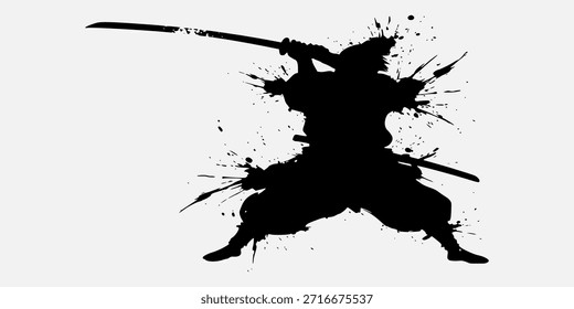 A dynamic black silhouette of a samurai warrior wielding a katana, surrounded by expressive ink splatters, depicting a powerful action pose against a white background.