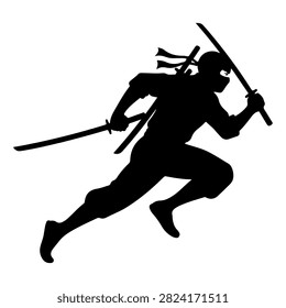 Dynamic black silhouette of a samurai warrior wielding a katana in a combat stance, emphasizing agility and strength in traditional armor.