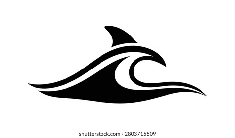 Dynamic black silhouette of a shark's dorsal fin cutting through a stylized wave, capturing the power and danger of the deep sea.
