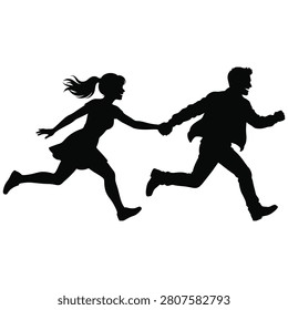 A dynamic black silhouette showing a joyful man and woman holding hands while running enthusiastically together portraying love freedom and active lifestyle concepts on a solid white background