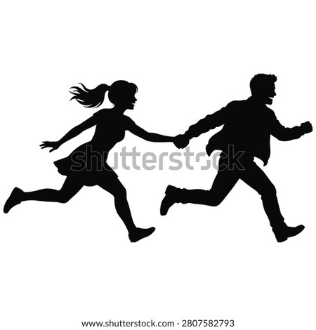 A dynamic black silhouette showing a joyful man and woman holding hands while running enthusiastically together portraying love freedom and active lifestyle concepts on a solid white background