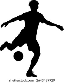 Dynamic black silhouette of a soccer player kicking a ball. Isolated vector art perfect for sports designs, team branding, and athletic themes. Captures energy and movement on the field.