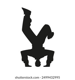 Dynamic black silhouette of a street dancer performing breakdancing. Vector template of male character in headstand for theme design on isolated background.