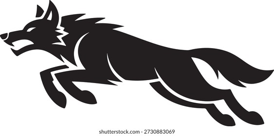 Dynamic black silhouette of a stylized wolf in a leaping or running posture, showcasing speed, power, and fierce determination.