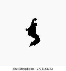 Ícone vetorial de silhueta preta dinâmica de um dançarino do sexo masculino em um salto no ar ou pose de breakdance, adequado para música ou temas de movimento.
