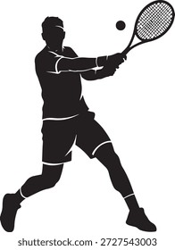 Una Ilustración vectorial de silueta negra dinámica de un jugador de tenis golpeando la pelota con una raqueta. Perfecto para la marca deportiva y diseños atléticos.