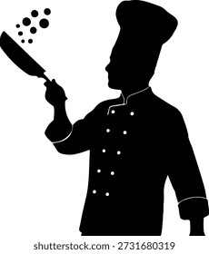 Dynamic black silhouette vector illustration of a professional chef or cook in a uniform and tall hat, expertly flipping food in a frying pan. Ideal graphic for restaurants, food blogs, culinary schools, menus, logos, or professional catering services. Isolated on a clean white background.