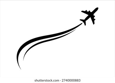 A dynamic black silhouette vector illustration of an airplane ascending with curved swooshing contrails, representing travel, flight, speed, and aviation concepts.
