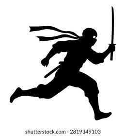 Dynamic black silhouette of a warrior in motion holding a sword, symbolizing agility, strength, and combat readiness in a martial arts or fantasy context.