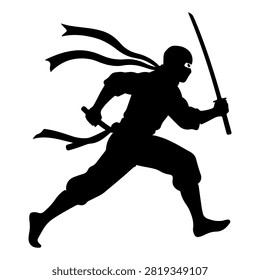 Dynamic black silhouette of a warrior in motion, wielding a sword and flowing scarf, symbolizing agility, strength, and combat readiness.