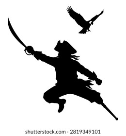Dynamic black silhouette of a warrior wielding a sword, with a bird flying above, capturing themes of bravery, freedom, and adventure.