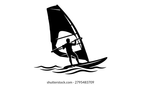 Dynamic black silhouette of a windsurfer gracefully riding a wave, expertly maneuvering the sail. A symbol of freedom and water sports.