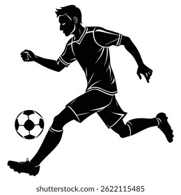 Uma silhueta preta dinâmica de um jovem jogador de futebol correndo e chutando uma bola de futebol, capturando a energia e o movimento do esporte