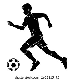 Uma silhueta preta dinâmica de um jovem jogador de futebol correndo e chutando uma bola de futebol, capturando a energia e o movimento do esporte