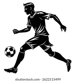 Uma silhueta preta dinâmica de um jovem jogador de futebol correndo e chutando uma bola de futebol, capturando a energia e o movimento do esporte