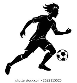 Uma silhueta preta dinâmica de um jovem jogador de futebol correndo e chutando uma bola de futebol, capturando a energia e o movimento do esporte