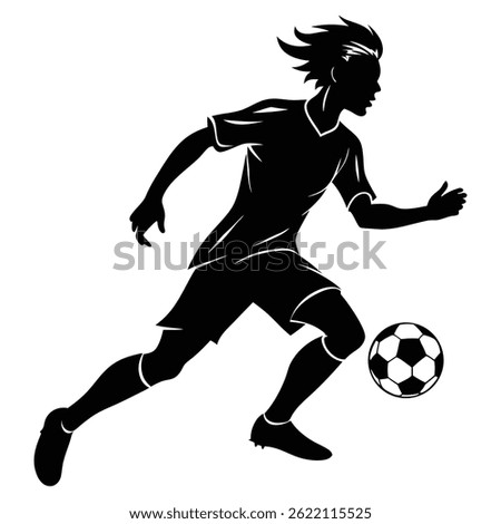 A dynamic black silhouette of a young soccer player running and kicking a soccer ball, capturing the energy and movement of the sport