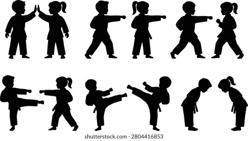 Dynamic black silhouettes of children practicing martial arts, demonstrating karate kicks, punches, and traditional bows on a white background.