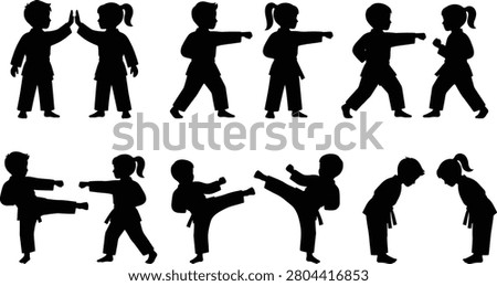 Dynamic black silhouettes of children practicing martial arts, demonstrating karate kicks, punches, and traditional bows on a white background.
