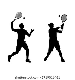 Dynamic black silhouettes depict two athletes engaged in a tennis match, showcasing serving and hitting motions on a stark white backdrop.