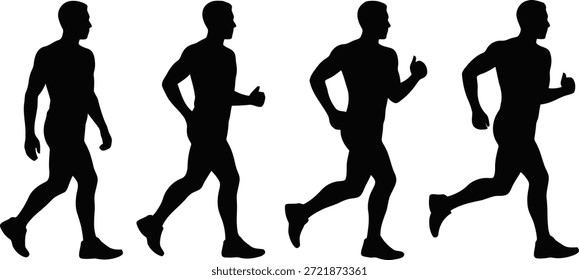 Silhuetas pretas dinâmicas ilustram a progressão de um homem de uma caminhada para uma corrida completa, mostrando várias fases de movimento para a aptidão.