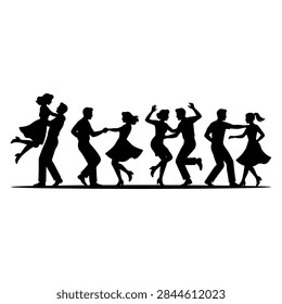 Dynamic black silhouettes of multiple couples engaged in various swing dance moves, showcasing energy and rhythm
