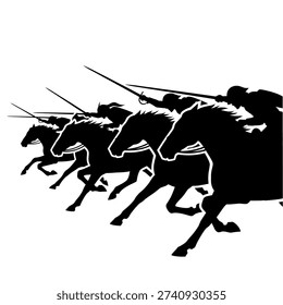 Dynamic black silhouettes of multiple horsemen with spears in a powerful charge, depicting historical warfare or a race.