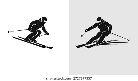 Siluetas negras dinámicas de personas esquiando y snowboarding, perfectas para diseños de deportes de invierno.