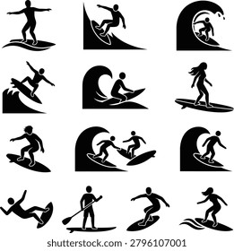 Dynamic black silhouettes of people surfing on waves in various styles, plus stand up paddleboarding, men and women.