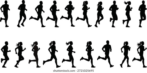 Siluetas negras dinámicas de corredores, incluidos hombres y mujeres, capturadas en diferentes fases de su paso contra un fondo blanco, simbolizando el estado físico y los estilos de vida activos.