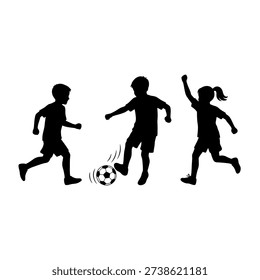 Dynamic black silhouettes of three children playing soccer, capturing the joy of a kids' football game with dynamic movement. Ideal for sports and activity themes.