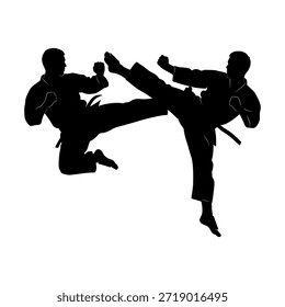 Dynamic black silhouettes of two martial arts practitioners engaged in a high-flying kick exchange, symbolizing strength, discipline, and combat sports.