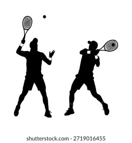 Dinámicas siluetas negras de dos hombres jugando al tenis, uno preparándose para servir y el otro a mitad del columpio, con una pelota en el aire.