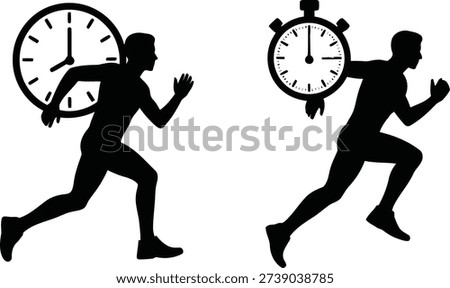 Dynamic black silhouettes of two runners, each paired with a distinct timepiece, symbolizing speed, urgency, and performance against time.