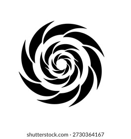 Ilustração de vórtice espiral preto dinâmico, simbolizando energia, movimento e uma força natural poderosa no branco.