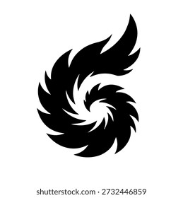 Dynamischer schwarzer Wirbel mit scharfen Kanten Abstrakte organische Vektorgrafik. Stilisiertes Design-Element für Flame, Feder oder entrollendes Blatt.
