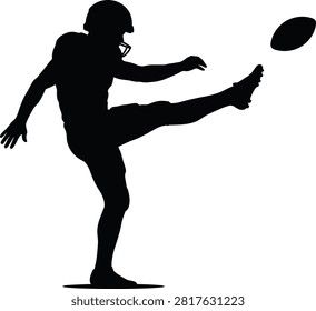 A dynamic black vector silhouette depicting an American football player kicking the ball mid-motion. Perfect for sports posters, team logos, event flyers, tournament graphics, and athletic marketing materials.
