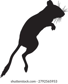 Dynamic black vector silhouette of jumping rodent showing slender body and long tail shape.