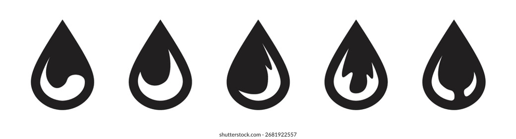 Dynamic black water drop icons. Set for liquid, oil, and aqua symbol design elements