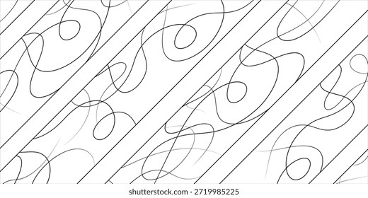 Un fondo abstracto dinámico en blanco y negro con líneas paralelas diagonales intersectadas por Formas orgánicas fluidas, arremolinadas y en bucle, creando un Diseño gráfico moderno.