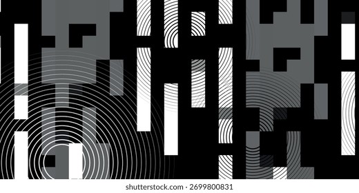 A dynamic black and white abstract composition featuring a mix of geometric shapes, including vertical bars, pixelated blocks, and concentric circles creating a ripple effect.