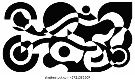 Eine dynamische abstrakte Schwarz-Weiß-Komposition mit einem komplexen Zusammenspiel geometrischer und organischer Formen, einschließlich Kreisen, Bögen und fließenden Kurven, die ein visuell ansprechendes Muster erzeugt.