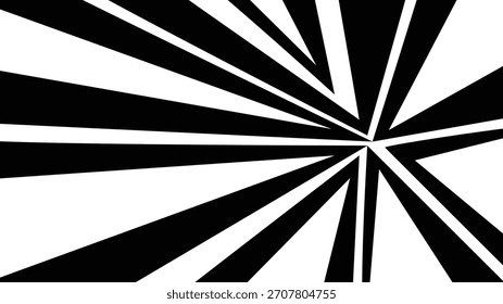 Patrón geométrico abstracto en blanco y negro dinámico con líneas radiantes que crean una sensación de movimiento e ilusión óptica