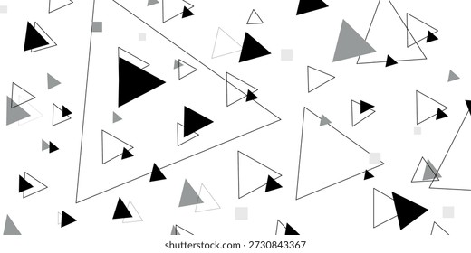 Dynamic black and white abstract geometric pattern featuring an array of triangles in various sizes and opacities, creating a modern, clean background.