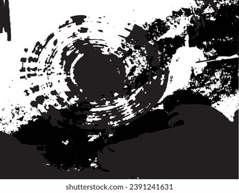 Dynamic black and white abstract grunge texture with a central ink swirl and distressed splatter.