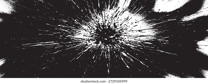 Una Imagen abstracta dinámica en blanco y negro con un punto central desde el que las líneas y salpicaduras irradian hacia el exterior, creando una sensación de explosión o impacto.