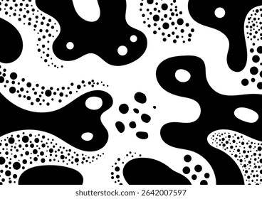 dynamic black and white abstract pattern featuring organic flowing shapes and polka dots, modern graphic design, wall art, or creative backgrounds with a sleek monochrome aesthetic