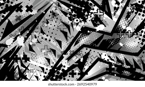 Dynamic black and white abstract vector with geometric shapes, splashes, and halftone texture. Perfect for street art, modern posters, apparel prints, and digital design projects.